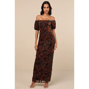 Lulus Confidently Impressive Brown Velvet Off-the-shoulder Maxi Dress - Size XS